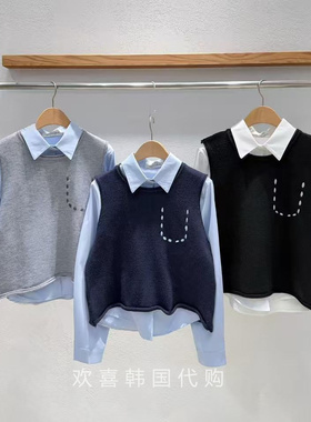 韩国东大门2026春季新款INTRO时尚百搭翻领纯色衬衫+套头马甲套头