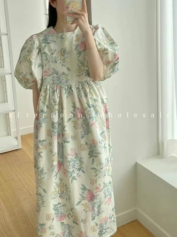 现韩国东大门代购202夏季品Afternoon油画风泡泡袖碎花连衣裙女长