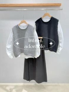 韩国东大门2026春季新品INTRO时尚百搭圆领长袖拼接针织衫女