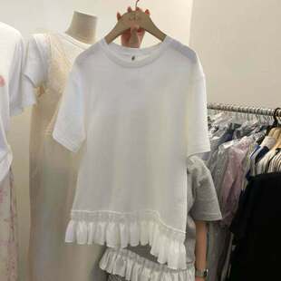 COMO时尚 韩国东大门2026春季 新款 TAN T恤 拼接百搭荷叶边宽松短袖