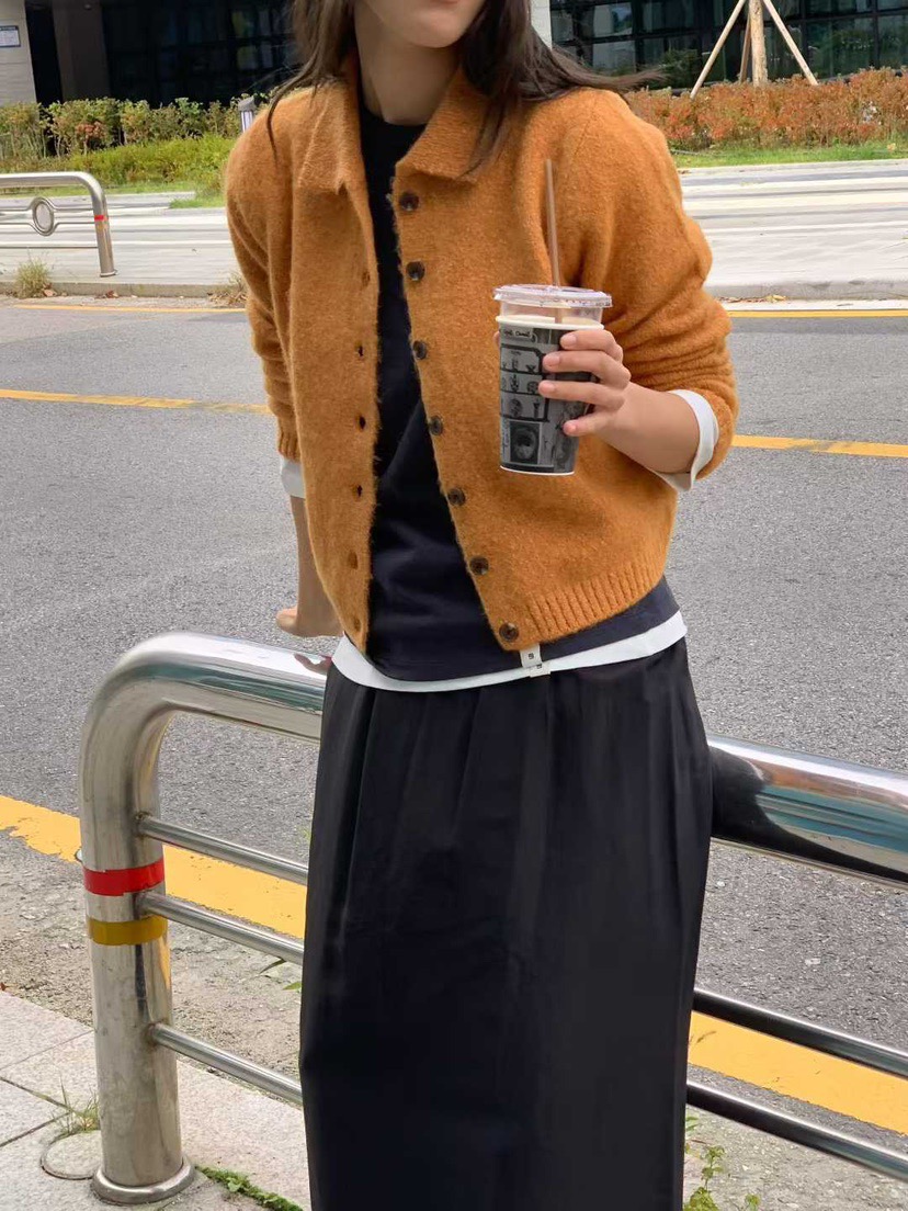 韩国东大门代购2025冬新款Legacy bone翻领单排扣纯色短款毛衣