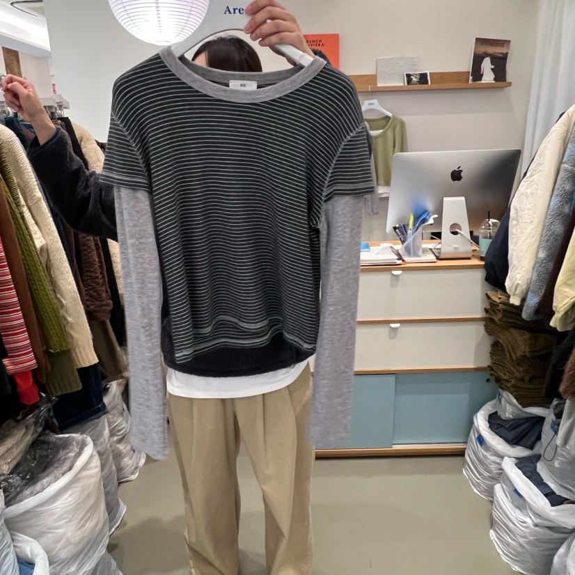 韩国东大门2025冬季新款are时尚百搭长袖假二件拼系T恤