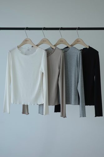 韩国东大门代购2025秋冬新款kerry纯色褶皱花边纹理打底tee上衣