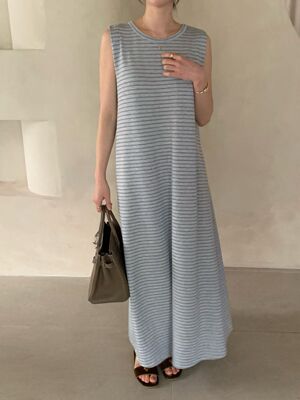 韩国东大门正品2026夏新cobalt blue圆领纯色宽松条纹背心连衣裙