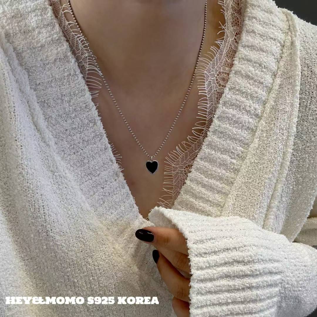 韩国东大门2025MOMO爱心项链S925 黑玛瑙爱心 翻面星星 双面