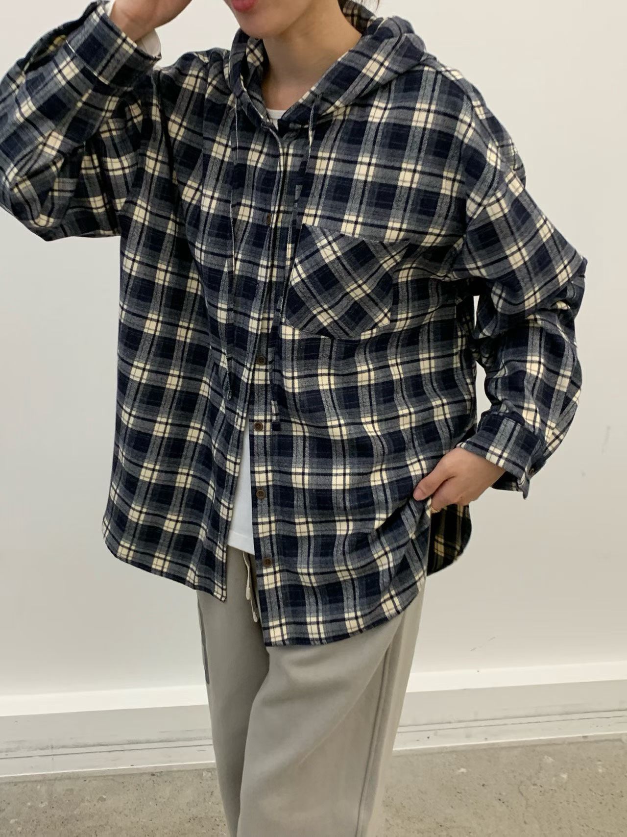 韩国东大门2025冬季新品cobalt blue时尚百搭连帽格子衬衫外套