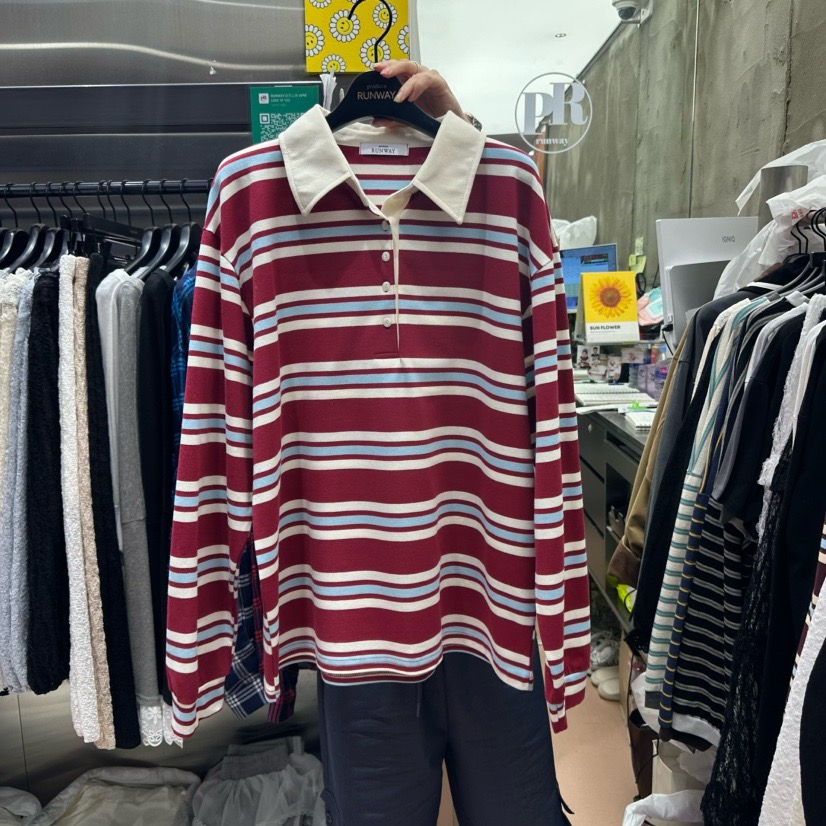 韩国东大门代购2025秋新品RUNWAY女装翻领半系扣撞色条纹长袖T恤