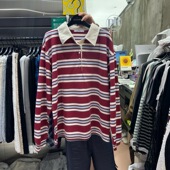 韩国东大门代购 T恤 翻领半系扣撞色条纹长袖 2025秋新品 RUNWAY女装