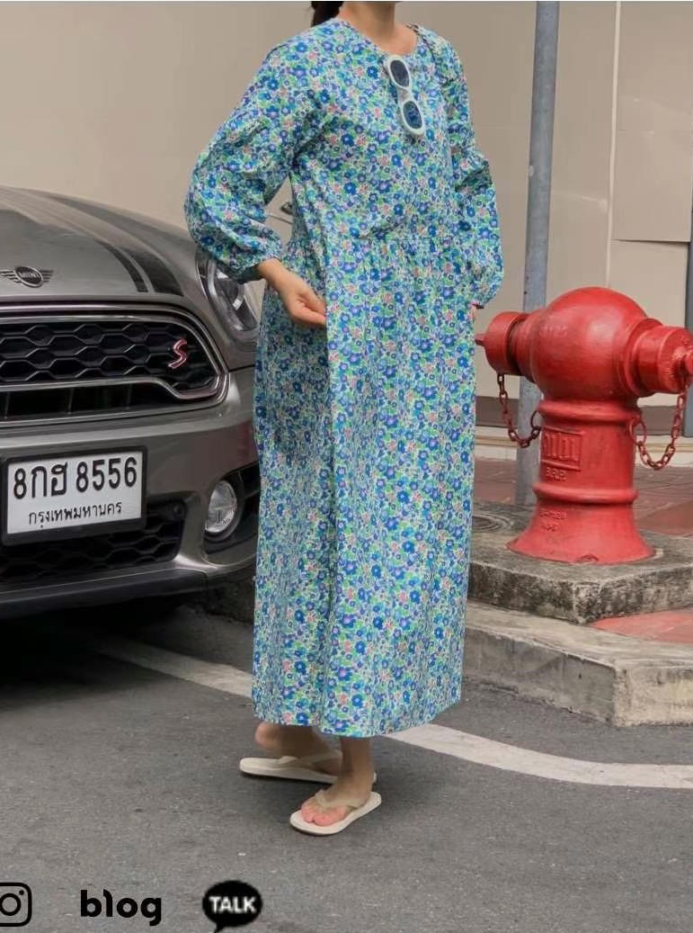 现STYLE LOUNGE韩国东大门代购2025新款碎花棉质连衣裙系带