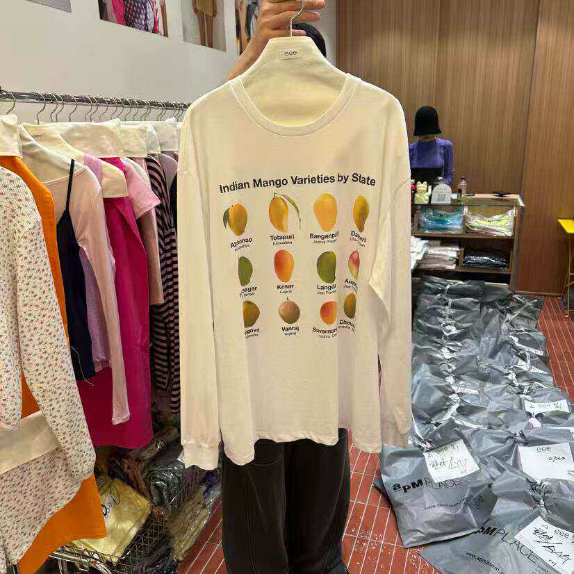 韩国东大门2026春季新品EEE女装套头衫圆领水果印花休闲风长袖T恤