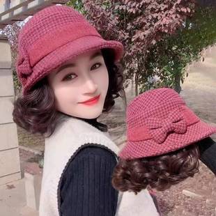 假发帽子一体女款中老年女士假发头套秋冬季新款时尚妈妈短发礼帽