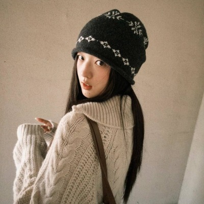 费尔岛提花卷边针织冷帽女秋冬季保暖时尚百搭显脸小毛线堆堆帽子