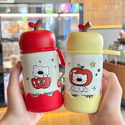 儿童便携保温杯可爱苹果口袋不锈钢喝水杯带坚固提环直饮口吸管杯