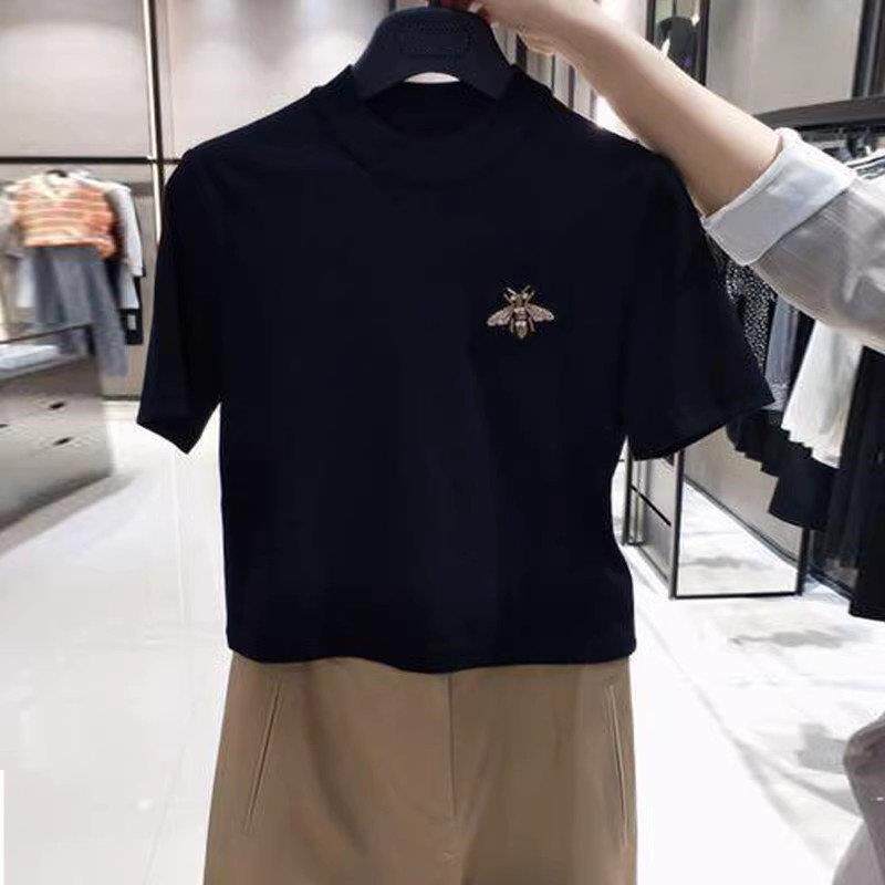 阿玛施女装正品商场同款2026夏新款蜜蜂钉珠短款立领短袖t恤上衣