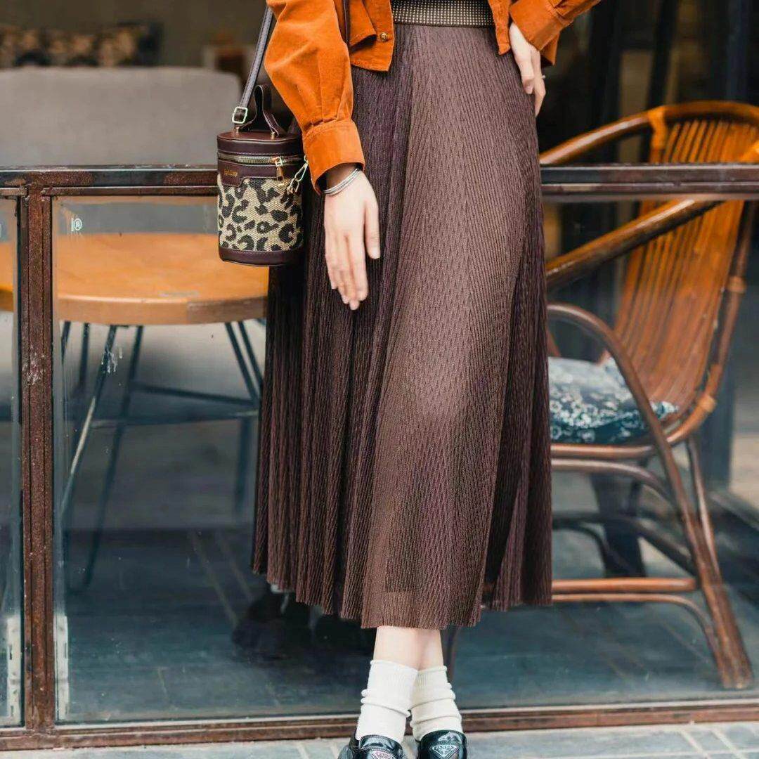 阿玛施复古通勤风高腰百褶半身裙女中长款显瘦大摆裙咖色1200352