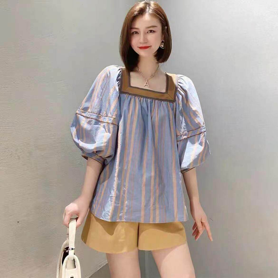 阿玛施女装正品2026春夏新款宽松法式方领条纹泡泡袖衬衫女530062