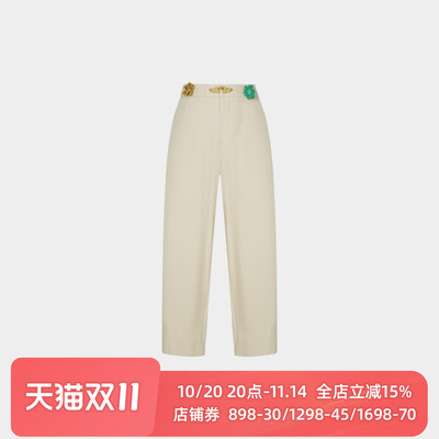 superr 腰头钩针花朵装饰盘扣撞色宽松九分裤女