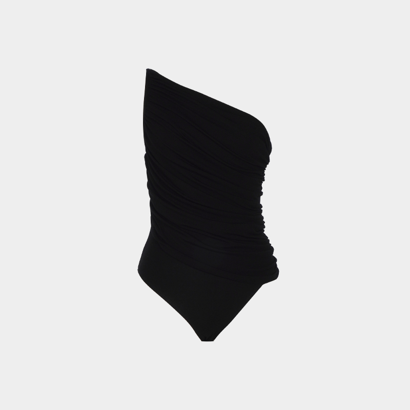 斜肩剪裁抽皱修身露肩背心短上衣