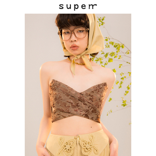 典雅织锦面褶交错镂空设计超短百搭抹胸女夏设计感