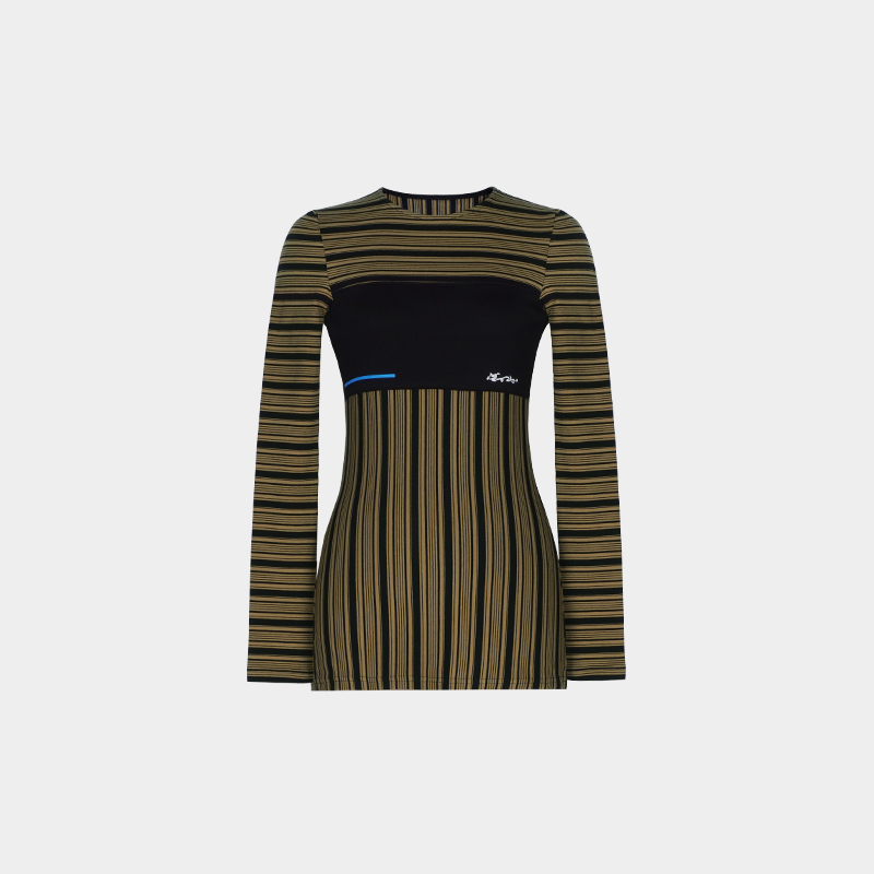 撞色条纹圆领显瘦紧身长袖T恤