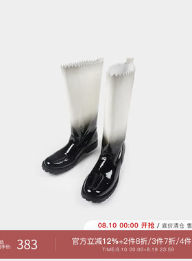 黑白渐变漆皮圆头宽筒高筒靴