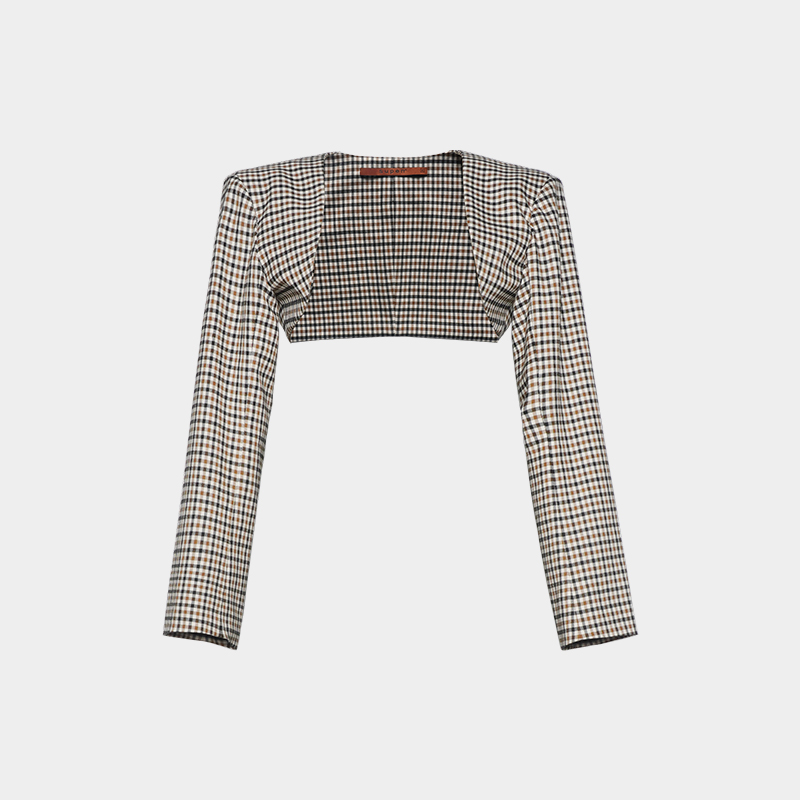千鸟格纹宽肩长袖袖套西装露腰短外套开衫