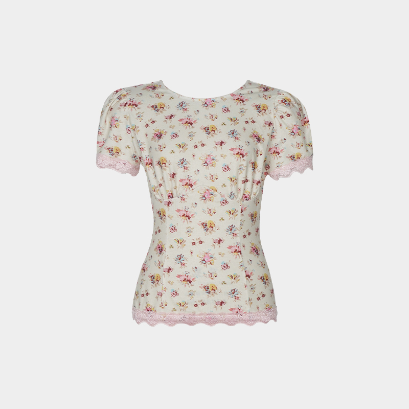 蕾丝花边碎花泡泡袖短袖上衣