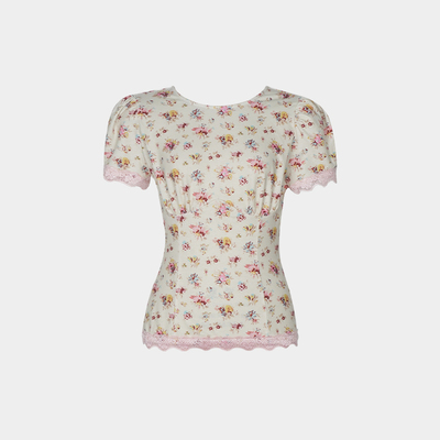 蕾丝花边碎花泡泡袖短袖上衣