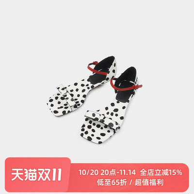 黑白斑点印花蝴蝶结一字带凉鞋