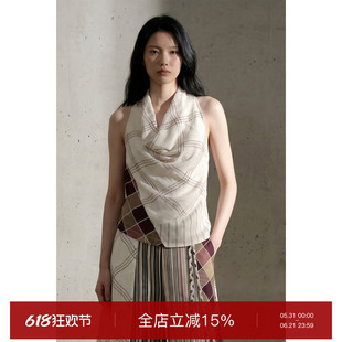 superr 格纹拼接杏色无领套头无袖挂脖衬衫女款2026新款