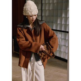 superr 小众设计感两面穿毛呢大衣高智感短款圆领双面羊毛外套