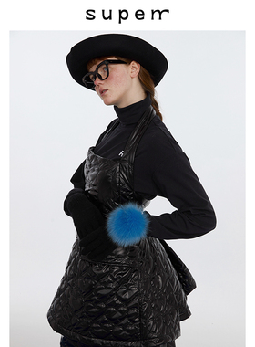 s u p e rr  黑色珠光爱设计后摆俏皮褶短款连衣裙女设计感