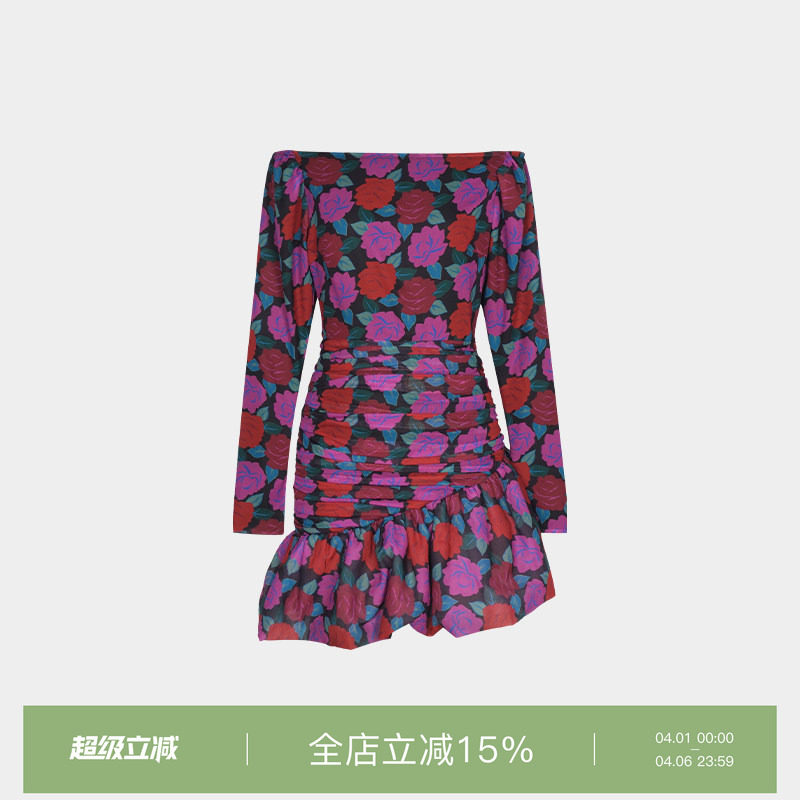 superr 复古花朵印花长袖露肩一字领连衣裙女短款时髦复古