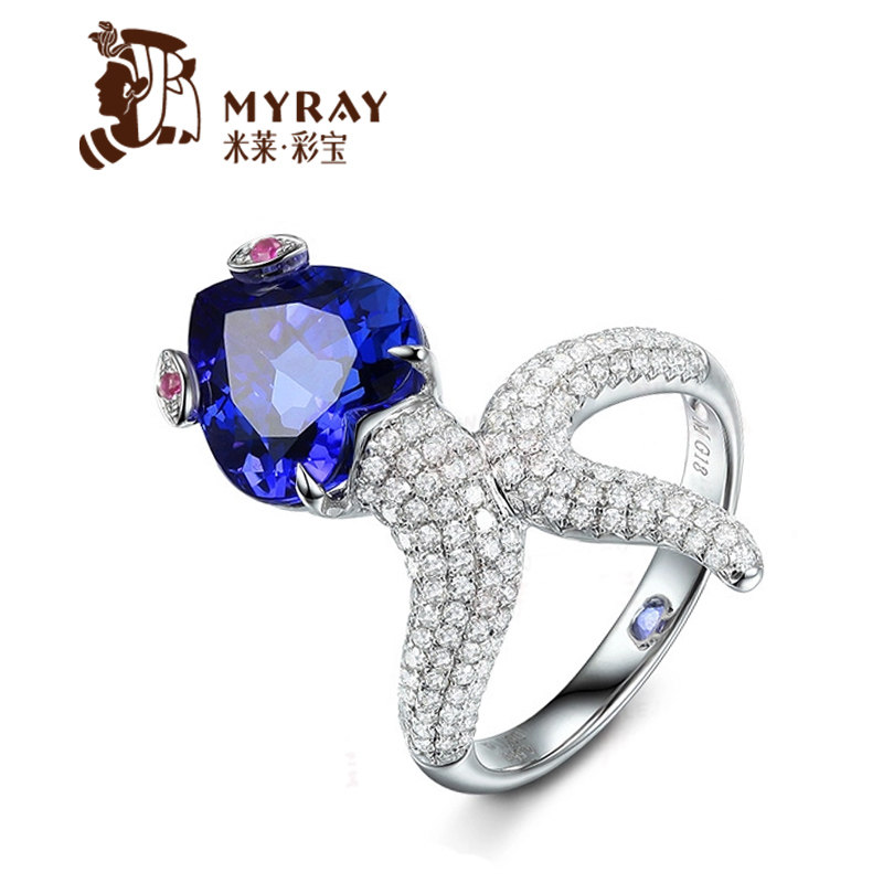 米莱珠宝 4.55克拉天然坦桑石戒指 白18K金镶嵌0.71克拉钻石彩宝