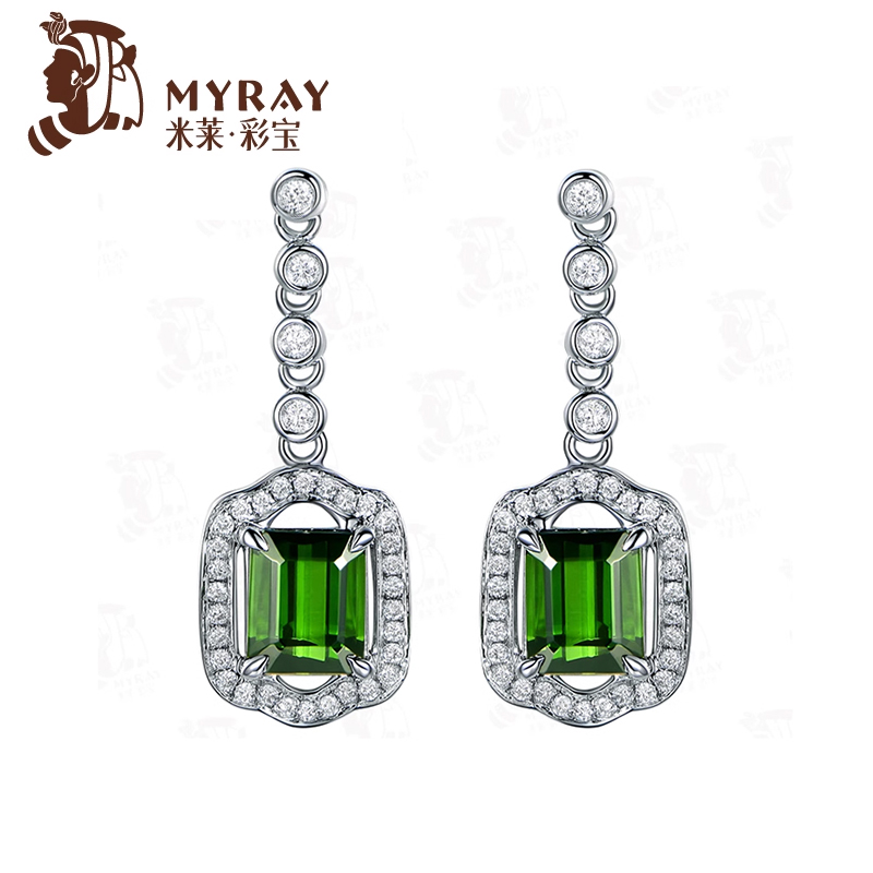 米莱珠宝 天然彩宝7.56克拉绿碧玺耳环女18k金钻石耳钉彩宝定制