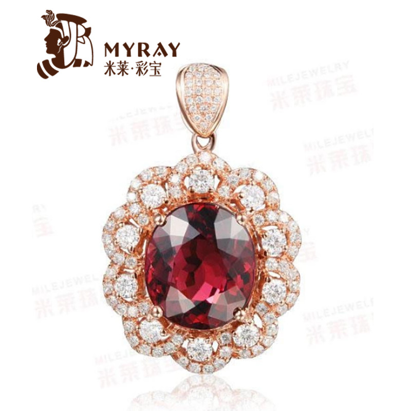 米莱珠宝7.05克拉天然玫红碧玺项链 18K玫瑰金红碧玺钻石吊坠定制