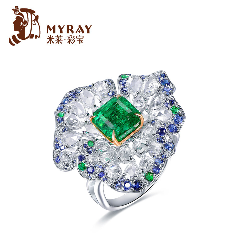 米莱珠宝天然祖母绿宝石戒指女18K金群镶嵌钻石戒指首饰彩宝定制