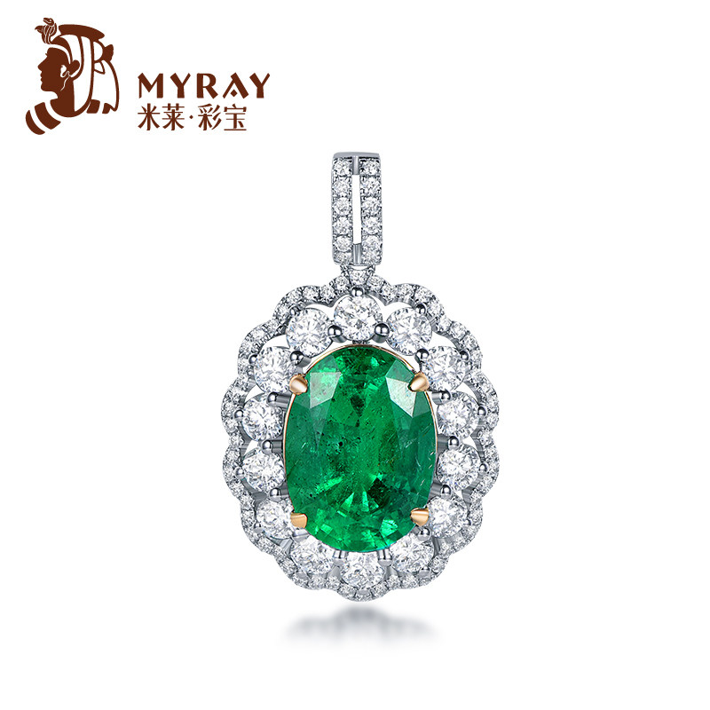 米莱珠宝天然祖母绿宝石吊坠女18K金群镶嵌钻石项链彩宝吊坠定制