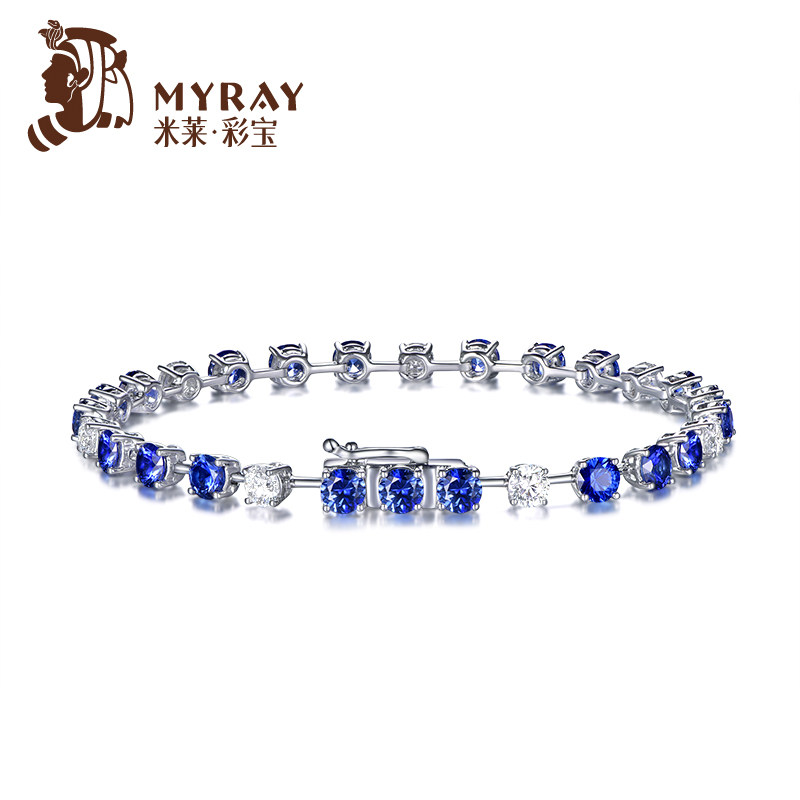 米莱彩宝 5.17克拉天然蓝宝石手链 18K金镶嵌钻石手链 彩宝定制