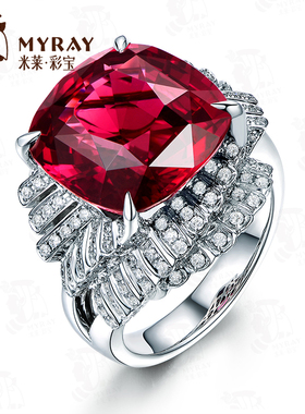 米莱珠宝 15.57克拉天然鸽血红石榴石戒指 18K金钻石戒指宝石定制