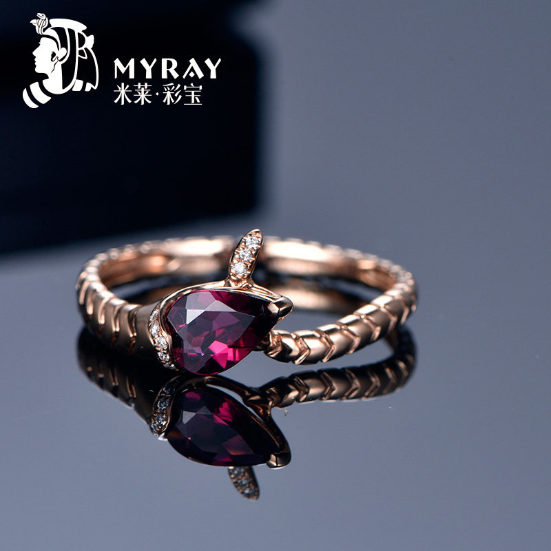 米莱珠宝 天然红碧玺 钻石 18K金镶嵌 蛇骨蛇形 玫瑰金彩宝戒指