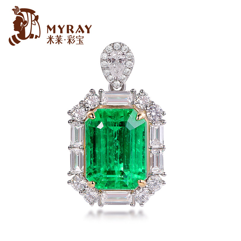 米莱珠宝天然方形祖母绿宝石吊坠女18K金群镶嵌钻石项链彩宝定制