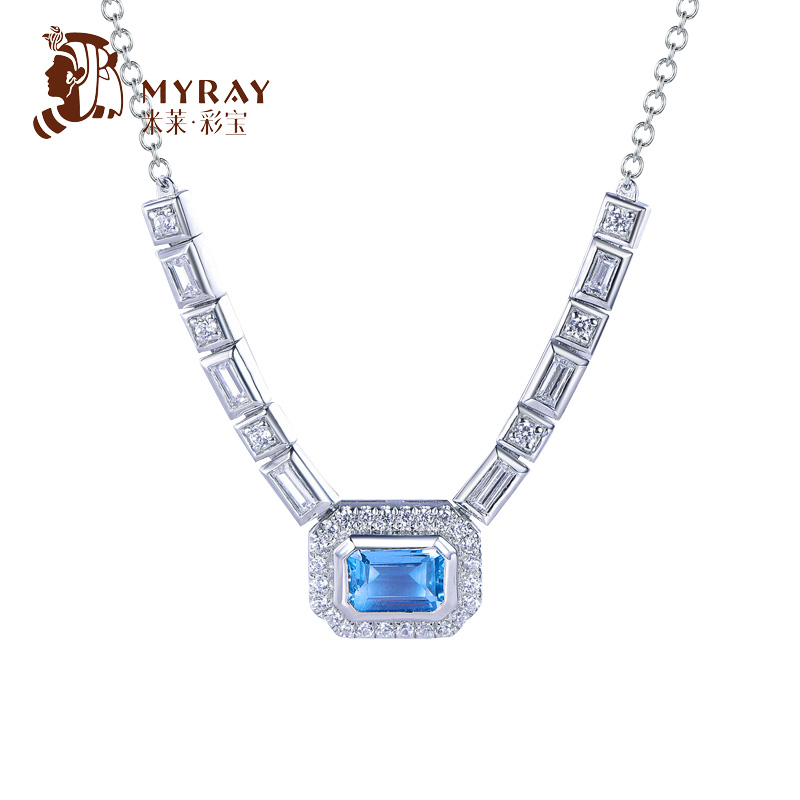 米莱珠宝 1.2克拉天然彩宝项链4A海蓝宝吊坠18K首饰镶钻石送礼物
