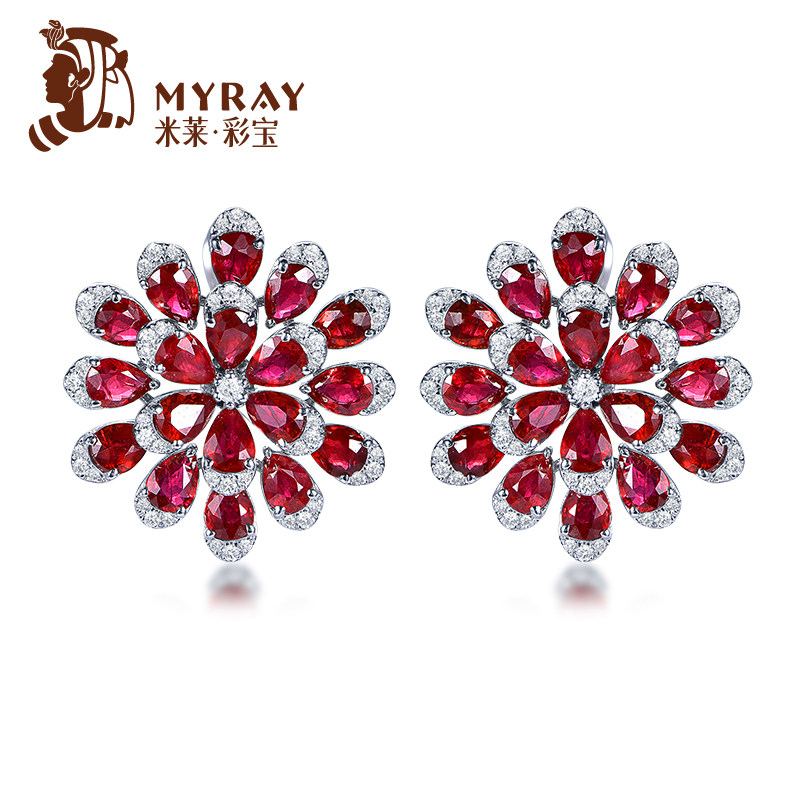 米莱珠宝3.23克拉天然红宝石耳钉女18k金钻石镶嵌钻耳环彩宝定制