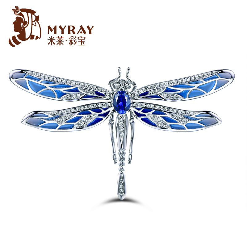 米莱彩宝 幻趣森林 天然蓝宝石珐琅蜻蜓胸针吊坠两用款 18K金镶钻