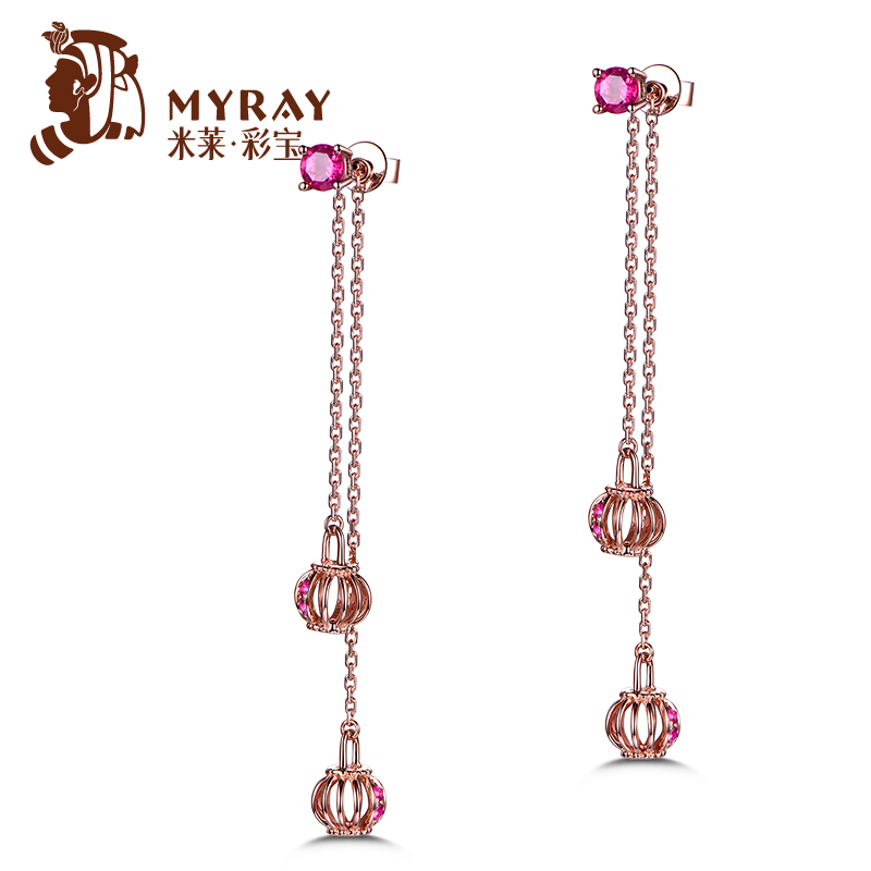 米莱彩宝 幸福星灯 天然红碧玺耳环 18K金镶嵌耳坠 流苏耳钉女款