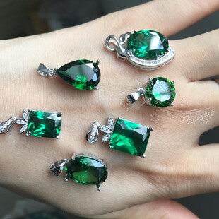 925银 绿锆蛋形 尖底绿宝石 吊坠 配件 DIY首饰 人造宝石 锆石CZ