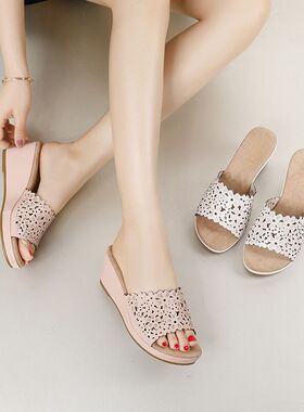 哈森2026夏新款真皮女鞋坡跟防水台洞洞鞋镂空高跟凉鞋女 HM82431