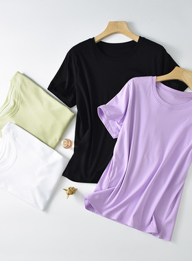 50s液氨白色短袖正肩T恤女春夏丝光棉纯棉打底衫圆领内搭纯色通勤