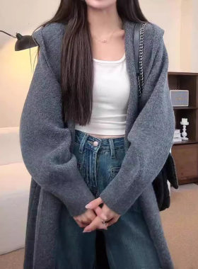 KANING慵懒连帽长款针织开衫女2025秋季新款女装过膝毛衣长外套女